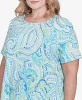 Alfred Dunner Plus Size Pleated Crew Neck Paisley Top