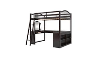 Slickblue Wooden Loft Bed with U-shaped Desk,Storage Compartments and Tri-fold Mirror