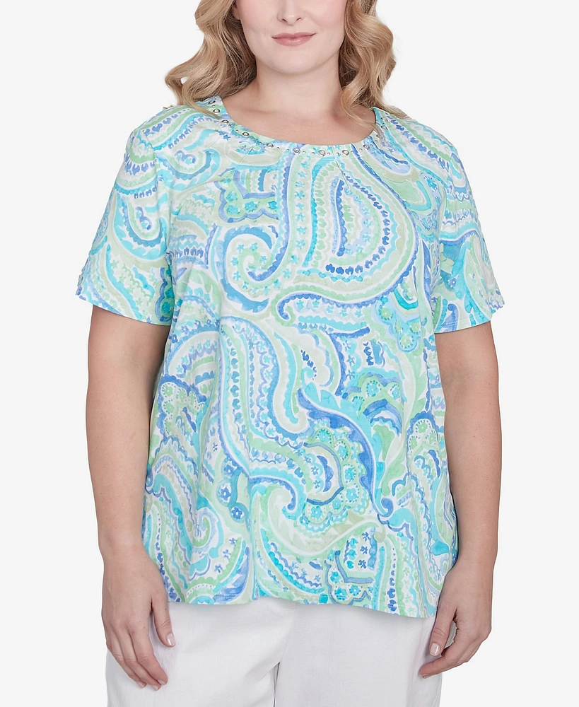 Alfred Dunner Plus Size Pleated Crew Neck Paisley Top