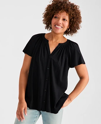 Style & Co Petite Button-Front Flutter-Sleeve Top, Exclusively at Macy's