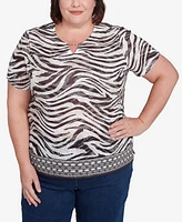 Alfred Dunner Plus Beaded Split Neck Animal Print Top