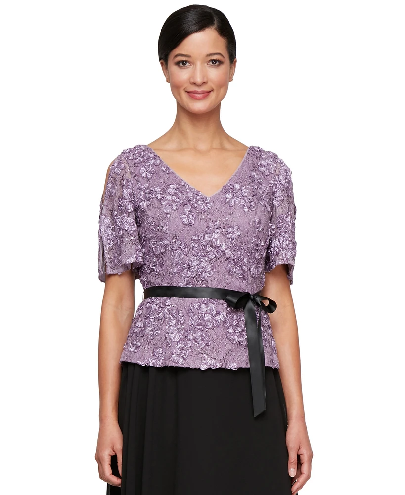 Alex Evenings Women's Embroidered Sequined Belted Top