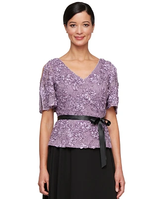 Alex Evenings Women's Embroidered Sequined Belted Top