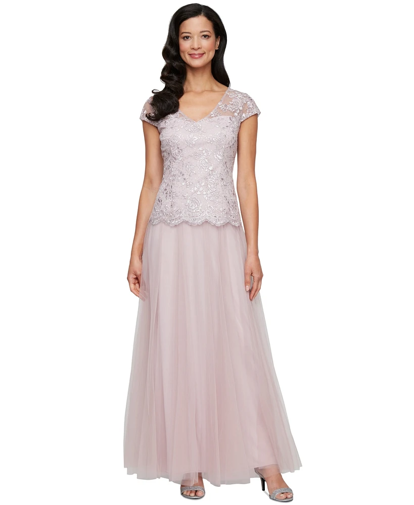 Alex Evenings Women's Embroidered-Chiffon Tulle-Skirt Gown