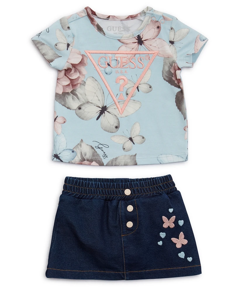 Guess Baby Girl 2-Piece Stretch Jersey Printed T-Shirt and Knit Denim Skirt