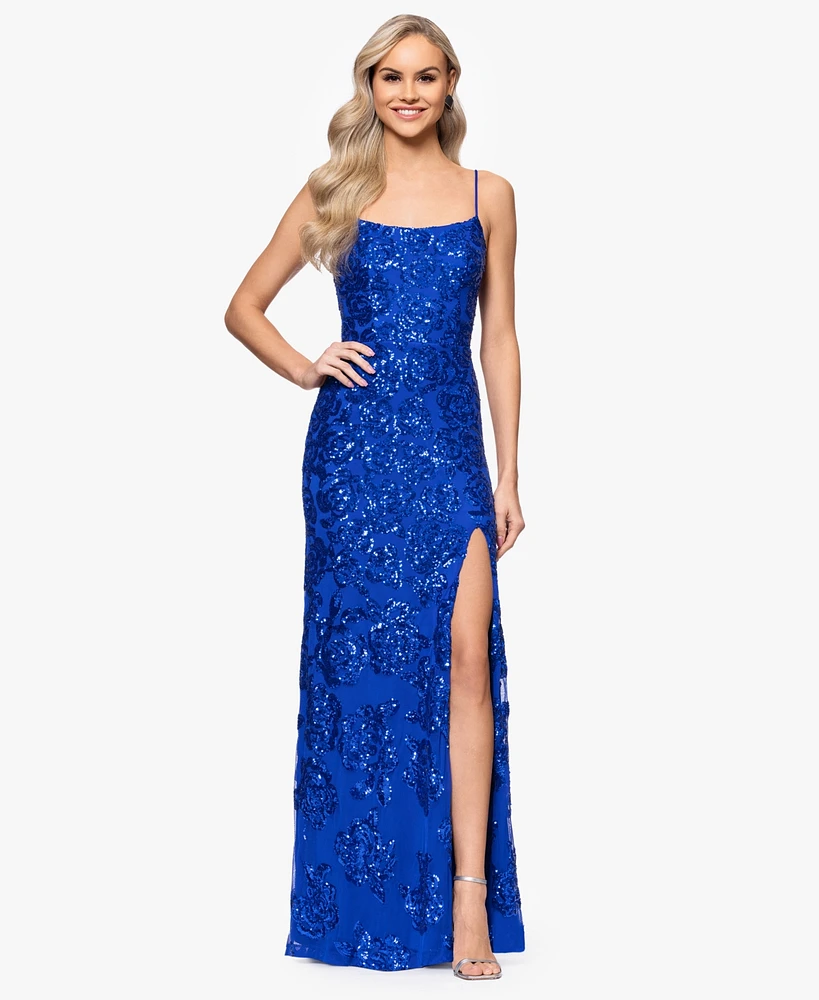 Blondie Nites Juniors' Sequin-Rose Side-Slit Gown