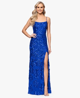 Blondie Nites Juniors' Sequin-Rose Side-Slit Gown