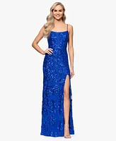 Blondie Nites Juniors' Sequin-Rose Side-Slit Gown