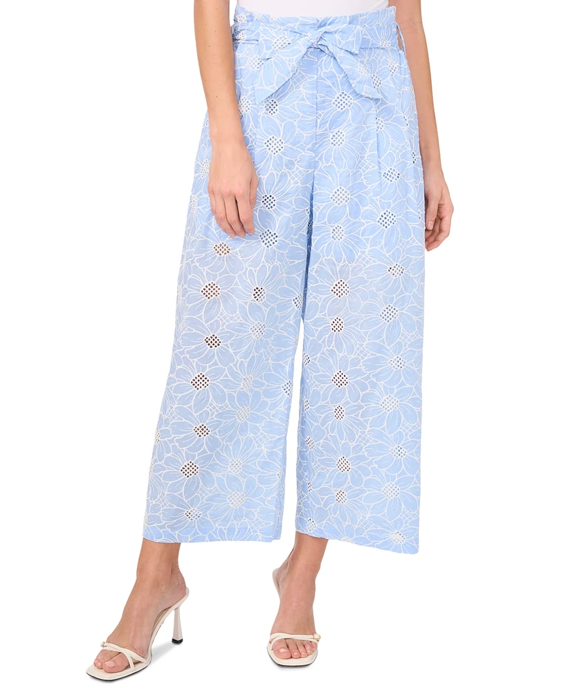 CeCe Women's Floral-Embroidered Tie-Waist Wide-Leg Pants