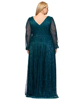 Betsy & Adam Plus Metallic Pleated Split-Sleeve Gown