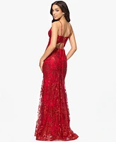 Blondie Nites Juniors' Glitter-Floral V-Neck Gown, Created for Macy's