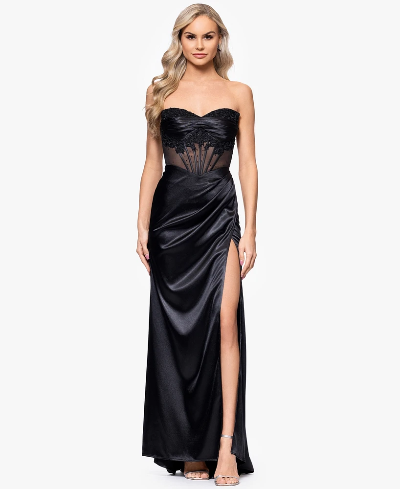 Blondie Nites Juniors' Satin Illusion-Corset Gown