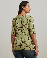 Lauren Ralph Plus Belting-Print Cotton-Blend Boatneck Tee