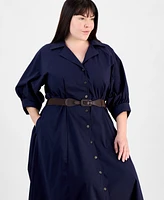 Sandra Darren Plus Button-Down 3/4-Sleeve Belted Dress