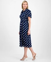 Sandra Darren Petite Dot-Print Puff-Sleeve Button-Down Midi Dress
