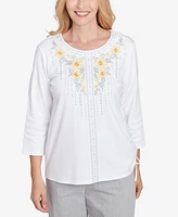 Alfred Dunner Petite Dress Code Linear Knit Floral Embroidered Crew Neck Top