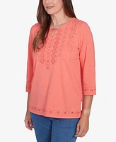 Alfred Dunner Petite Free Spirit Solid Cut Out Beaded Split Neck Top