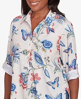 Alfred Dunner Petite Free Spirit Butterfly Button Up Cuffed Sleeve Top