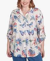 Alfred Dunner Plus Free Spirit Butterfly Button Up Cuffed Sleeve Shirt