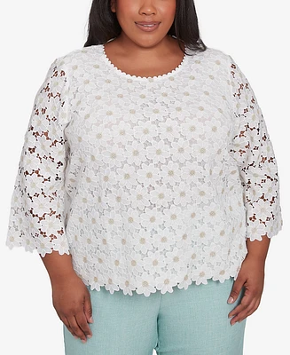 Alfred Dunner Plus Kensington Gardens Daisy Woven Lace Crew Neck Top