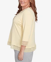 Alfred Dunner Plus Dress Code Solid Lace Trim Top with Necklace