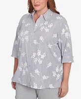 Alfred Dunner Plus Dress Code Flower Embroidered Button Down Striped Top