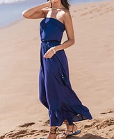 Women's Indigo Strapless Ruffled Hem Midi Beach Dress