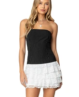 Edikted Womens Strapless Pinstripe Ruffle Skirt Mini Dress