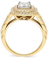 Diamond Emerald Shaped Double Halo Cluster Ring (1 ct. t.w.) in 14k Two-Tone Gold