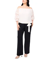 Vince Camuto Plus Off-The-Shoulder Lace Bubble-Sleeve Tie-Hem Blouse