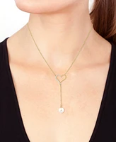 Effy Cultured Freshwater Pearl (6-1/2mm) & Diamond (1/6 ct. t.w.) Heart 18" Lariat Necklace in 14k Gold