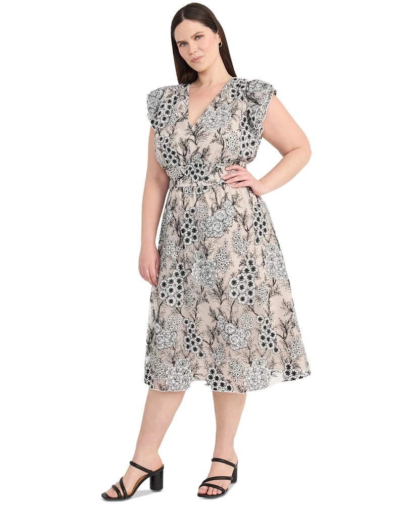 Maggy London Plus Chiffon Embroidered Ruffled-Sleeve Dress