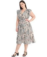 Maggy London Plus Chiffon Embroidered Ruffled-Sleeve Dress