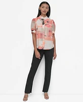 Dkny Women's Printed Puff-Sleeve Button-Front Blouse