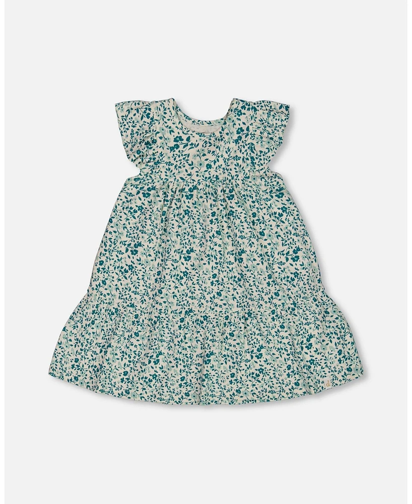 Deux par Baby Girls Printed Organic Cotton Dress Small Turquoise Flowers