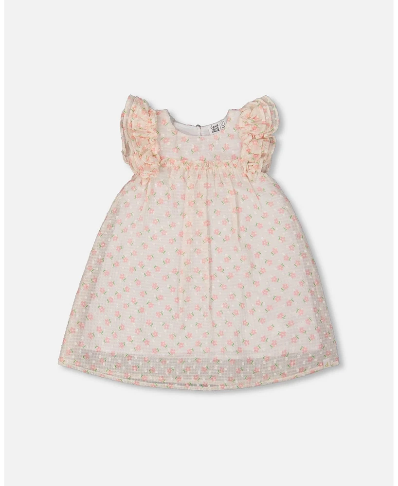 Deux par Toddler Girls Printed Dress With Frills Pale Pink And Flowers - Toddler|Child