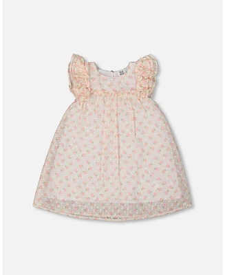 Deux par Toddler Girls Printed Dress With Frills Pale Pink And Flowers - Toddler|Child