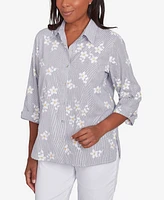 Alfred Dunner Petite Dress Code Flower Embroidered Button Down Striped Top