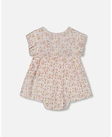 Deux par Baby Girls Organic Cotton Pointelle Romper Printed White And Pink Flowers