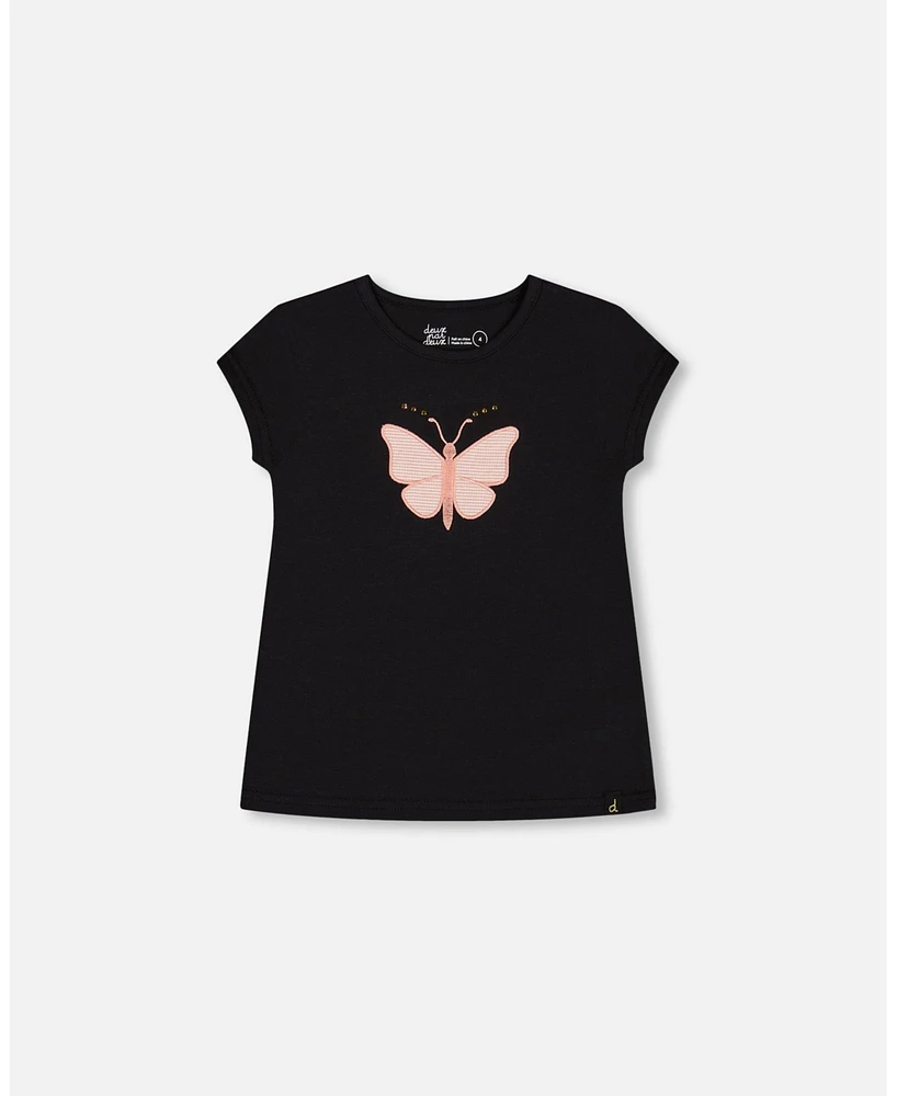 Deux par Toddler Girls Organic Cotton Top With Applique Black And Pink Butterfly - Toddler|Child