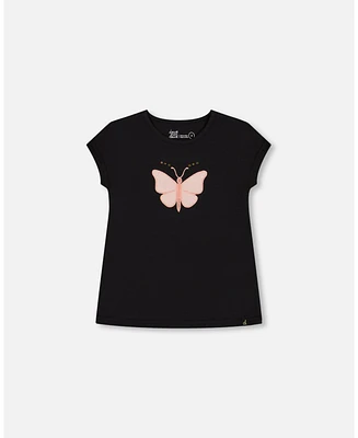 Deux par Toddler Girls Organic Cotton Top With Applique Black And Pink Butterfly - Toddler|Child