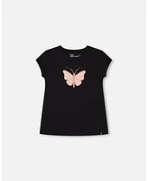 Deux par Toddler Girls Organic Cotton Top With Applique Black And Pink Butterfly - Toddler|Child