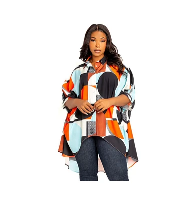 Buxom Couture Women's Plus Geometric Print Flowy Hi-lo Blouse