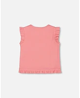 Deux par Big Girls Rib Tank Top With Frills Coral Pink