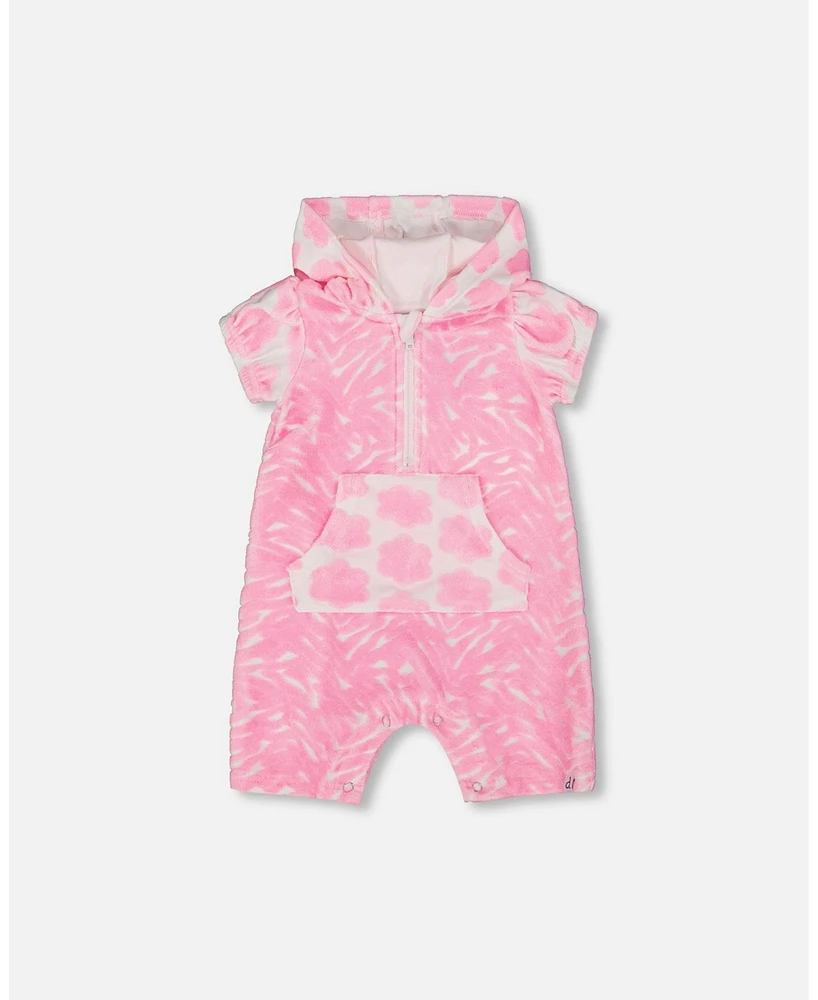 Deux par Baby Girls Printed Terry Romper With Hood Vibrant Pink And White