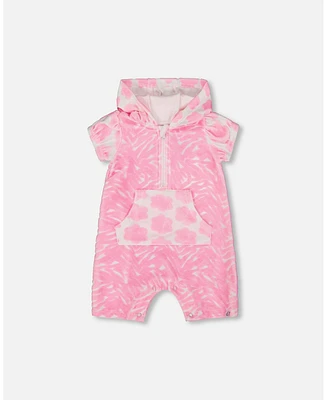 Deux par Baby Girls Printed Terry Romper With Hood Vibrant Pink And White