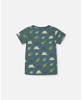 Deux par Toddler Boys Printed Organic Cotton Tee Teal And Peach - Toddler|Child