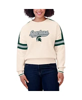 Wear by Erin Andrews Women's Cream Michigan State Spartans Chenille Woven Patch Stripe Pullover Sweater