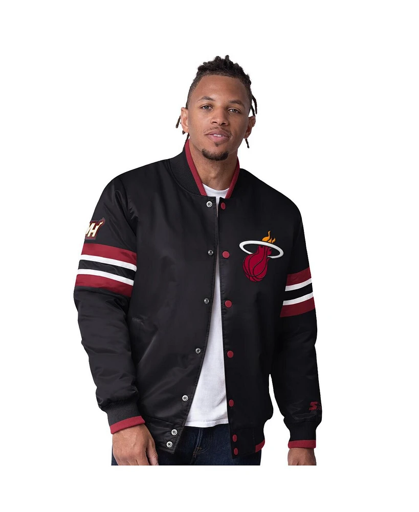 Starter Men's Black Miami Heat Scout Varsity Satin Full-Snap Jacket