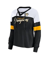 Fanatics Women's Black Pittsburgh Penguins Take the Shot Long Sleeve Lace-Up V-Neck T-Shirt